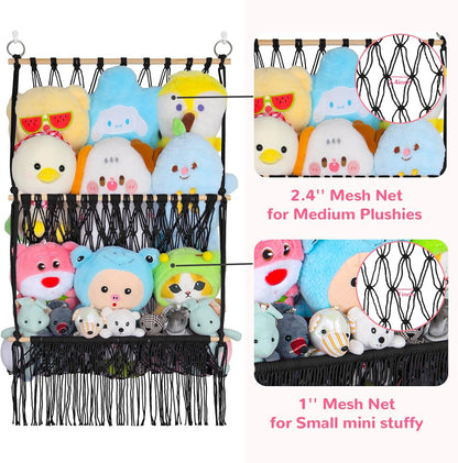 2 Tier Stuffed Animal Storage Net, Large Boho Stuffy Plushies Storage,Beige