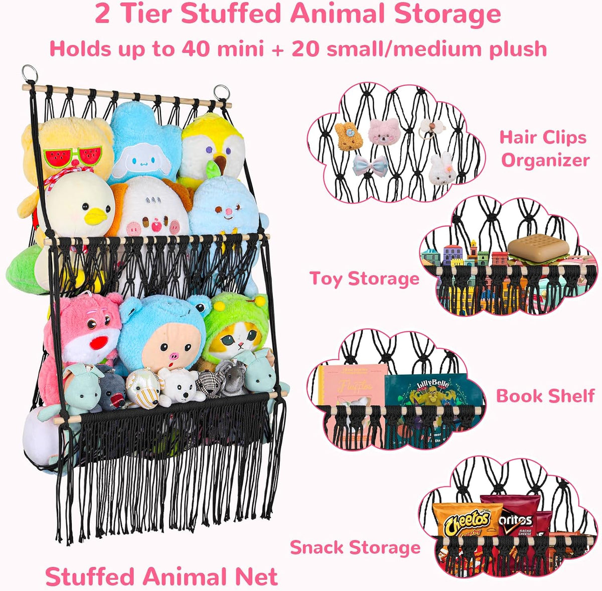 2 Tier Stuffed Animal Storage Net, Large Boho Stuffy Plushies Storage,Beige