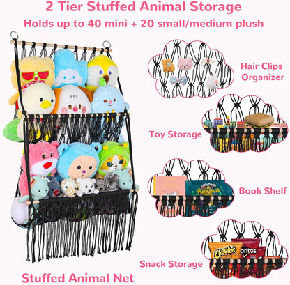 2 Tier Stuffed Animal Storage Net, Large Boho Stuffy Plushies Storage,Beige