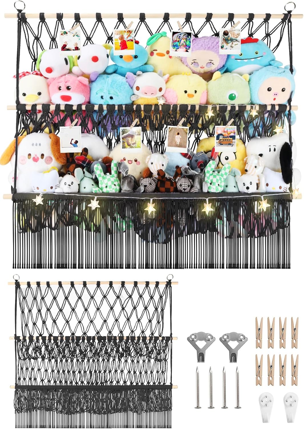 2 Tier Stuffed Animal Storage Net, Large Boho Stuffy Plushies Storage,Beige