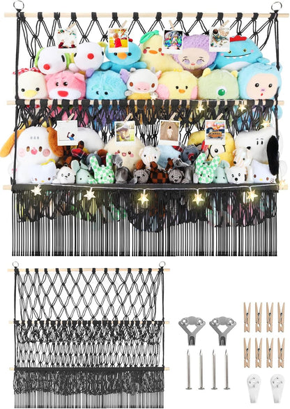 2 Tier Stuffed Animal Storage Net, Large Boho Stuffy Plushies Storage,Beige
