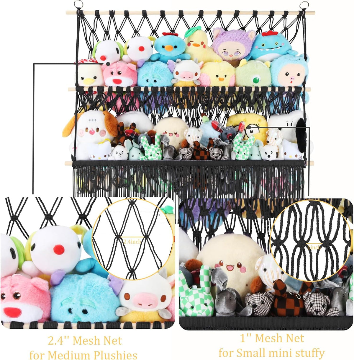 2 Tier Stuffed Animal Storage Net, Large Boho Stuffy Plushies Storage,Beige