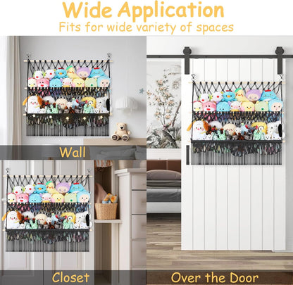2 Tier Stuffed Animal Storage Net, Large Boho Stuffy Plushies Storage,Beige