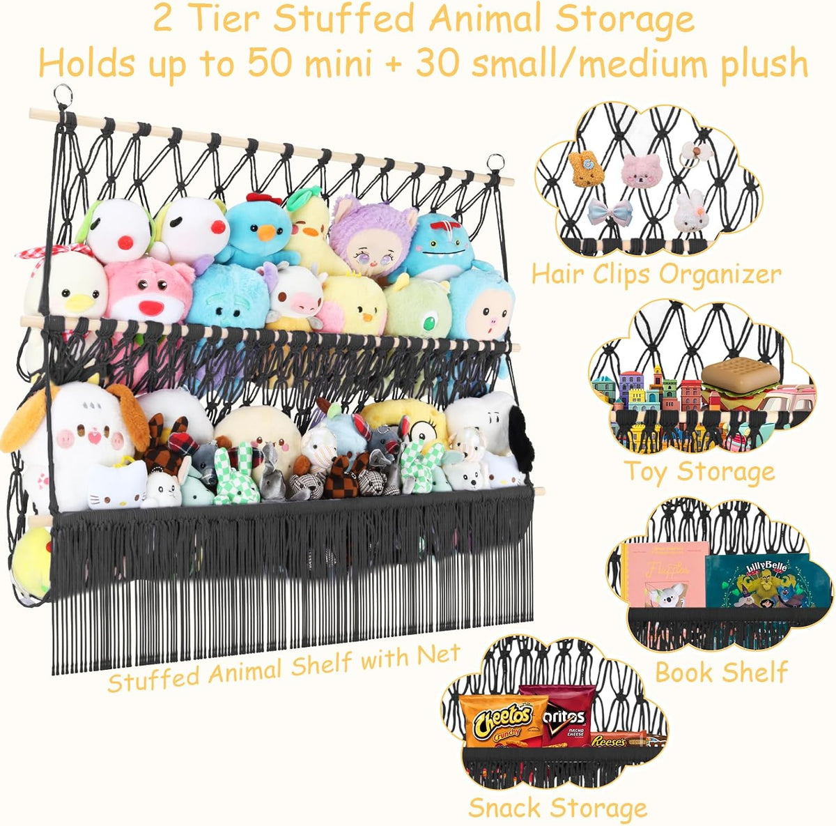 2 Tier Stuffed Animal Storage Net, Large Boho Stuffy Plushies Storage,Beige