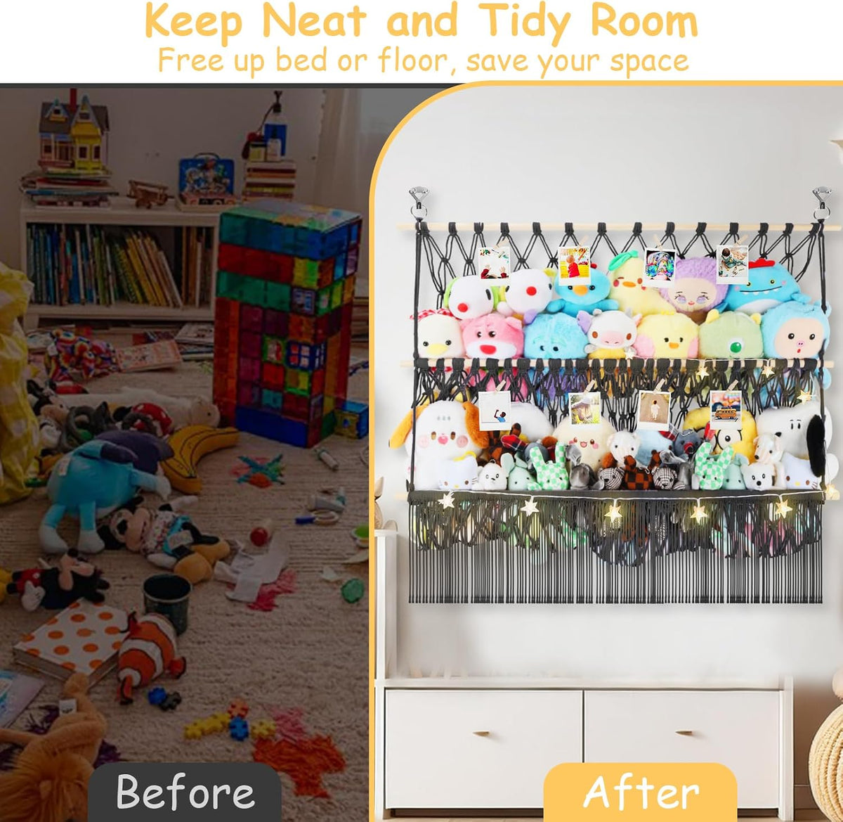 2 Tier Stuffed Animal Storage Net, Large Boho Stuffy Plushies Storage,Beige