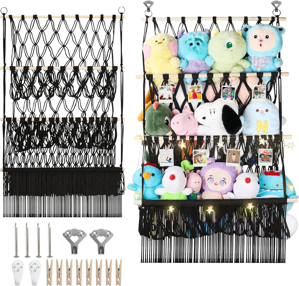 2 Tier Stuffed Animal Storage Net, Large Boho Stuffy Plushies Storage,Beige