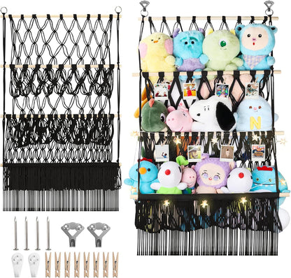 2 Tier Stuffed Animal Storage Net, Large Boho Stuffy Plushies Storage,Beige
