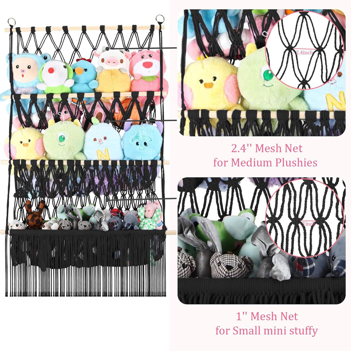 2 Tier Stuffed Animal Storage Net, Large Boho Stuffy Plushies Storage,Beige