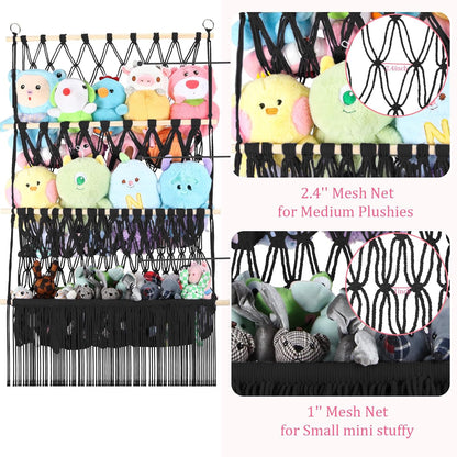 2 Tier Stuffed Animal Storage Net, Large Boho Stuffy Plushies Storage,Beige
