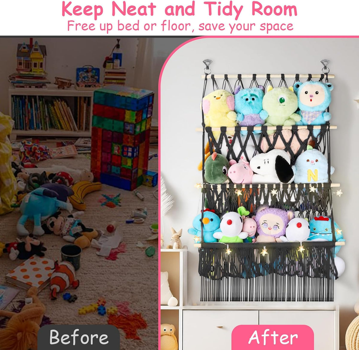 2 Tier Stuffed Animal Storage Net, Large Boho Stuffy Plushies Storage,Beige