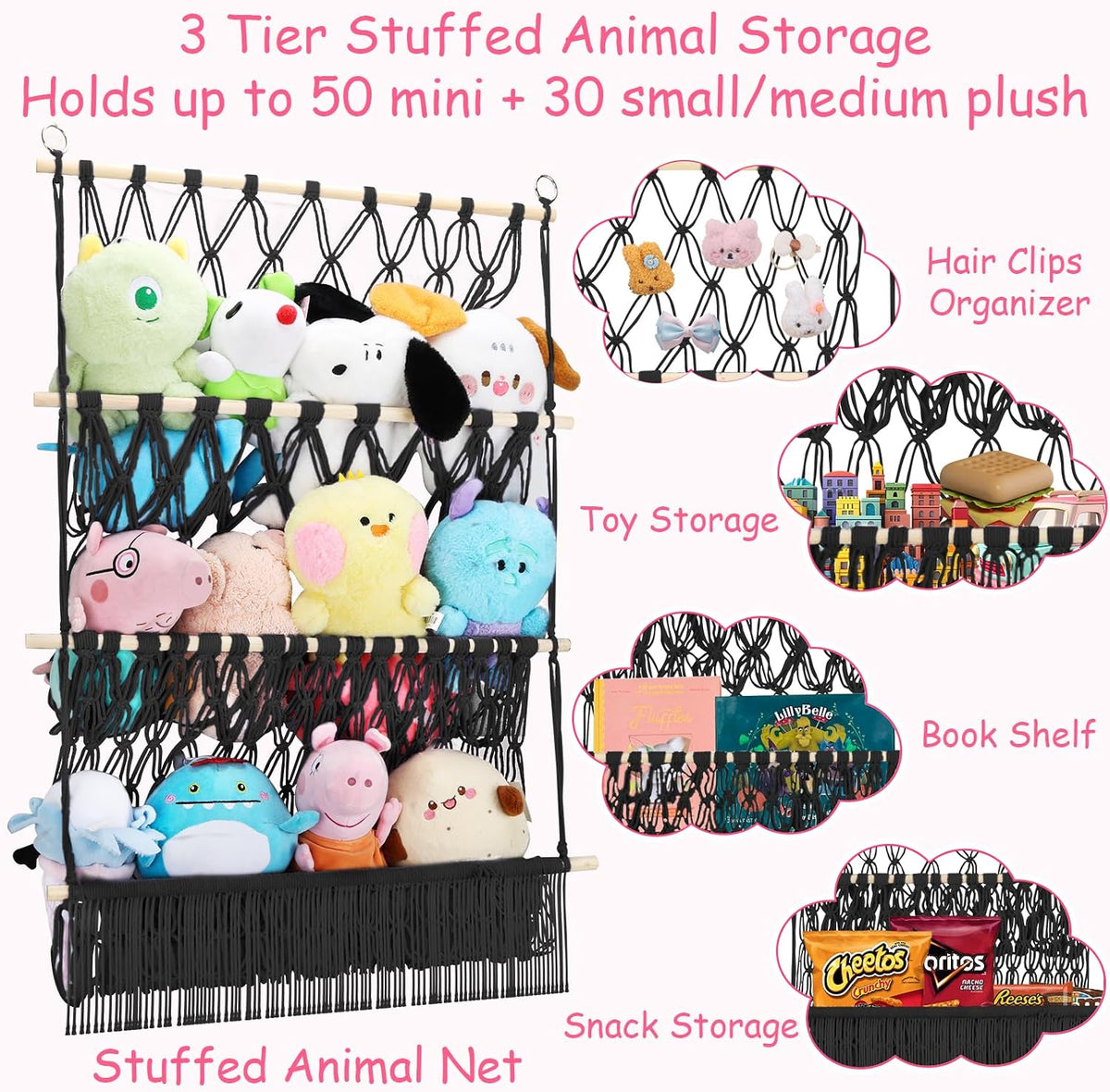 2 Tier Stuffed Animal Storage Net, Large Boho Stuffy Plushies Storage,Beige