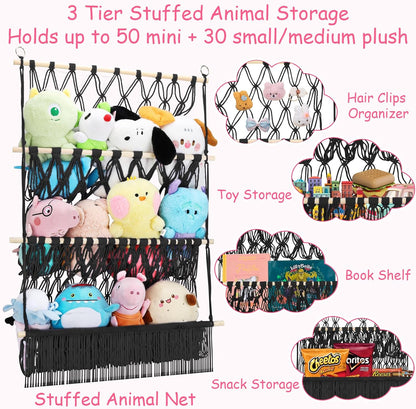 2 Tier Stuffed Animal Storage Net, Large Boho Stuffy Plushies Storage,Beige