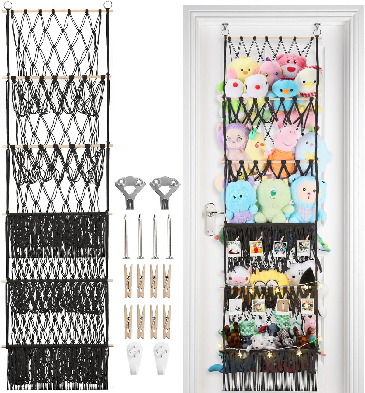 2 Tier Stuffed Animal Storage Net, Large Boho Stuffy Plushies Storage,Beige