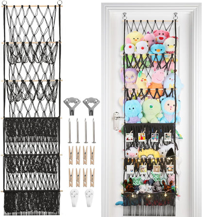 2 Tier Stuffed Animal Storage Net, Large Boho Stuffy Plushies Storage,Beige