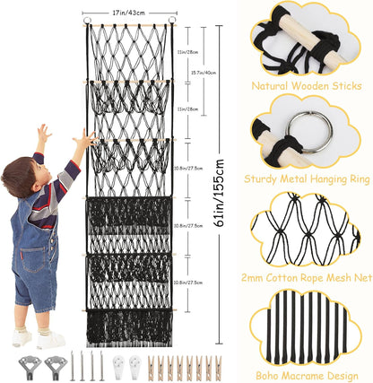 2 Tier Stuffed Animal Storage Net, Large Boho Stuffy Plushies Storage,Beige