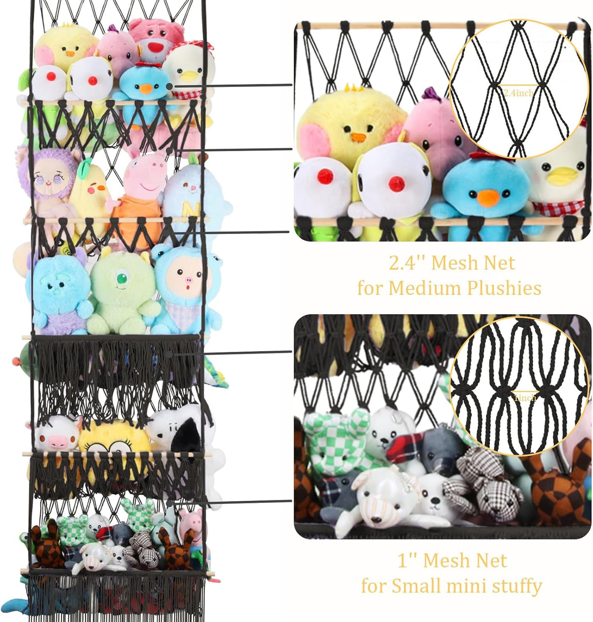 2 Tier Stuffed Animal Storage Net, Large Boho Stuffy Plushies Storage,Beige