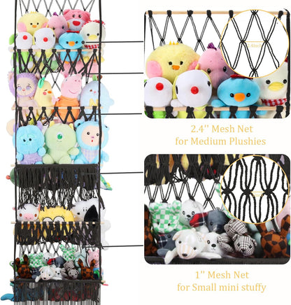 2 Tier Stuffed Animal Storage Net, Large Boho Stuffy Plushies Storage,Beige