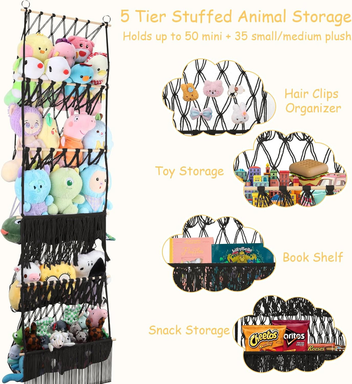 2 Tier Stuffed Animal Storage Net, Large Boho Stuffy Plushies Storage,Beige