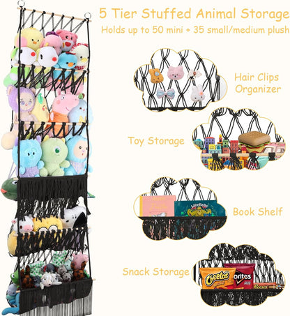 2 Tier Stuffed Animal Storage Net, Large Boho Stuffy Plushies Storage,Beige