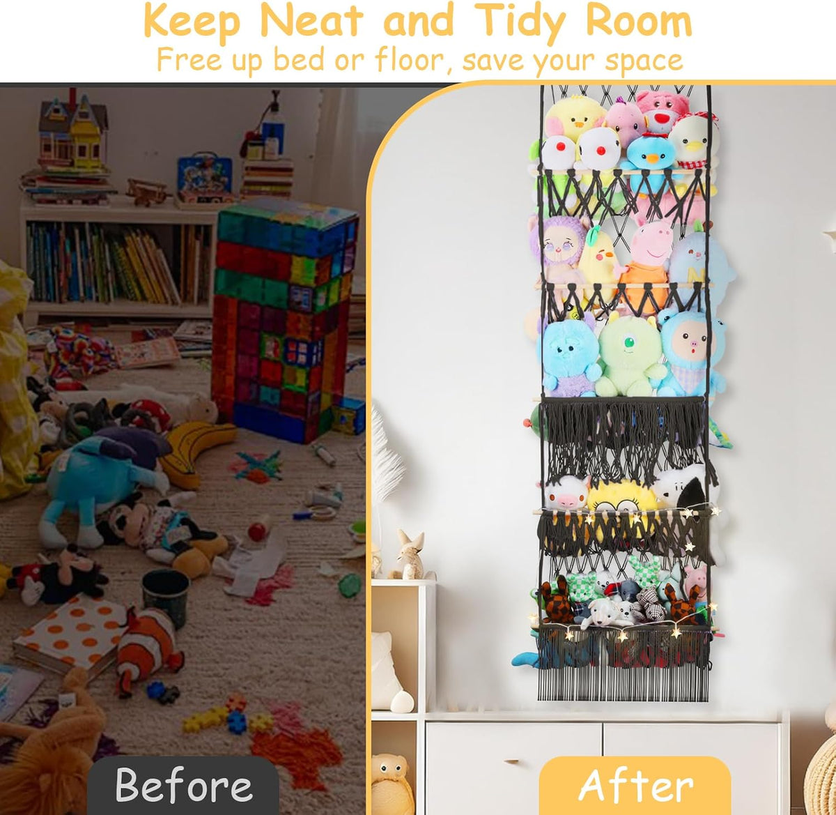 2 Tier Stuffed Animal Storage Net, Large Boho Stuffy Plushies Storage,Beige