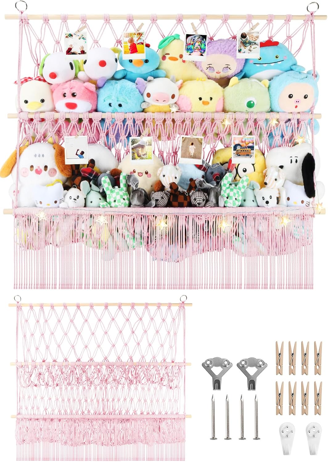 2 Tier Stuffed Animal Storage Net, Large Boho Stuffy Plushies Storage,Beige