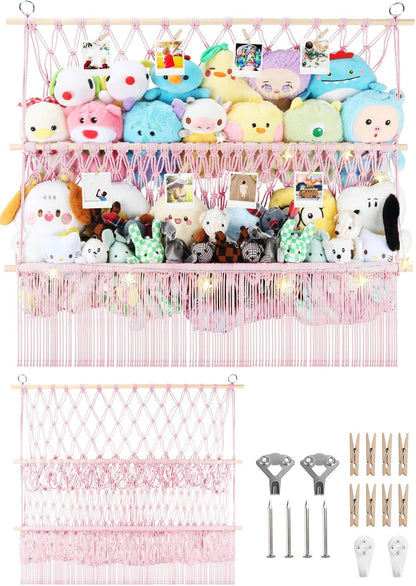 2 Tier Stuffed Animal Storage Net, Large Boho Stuffy Plushies Storage,Beige
