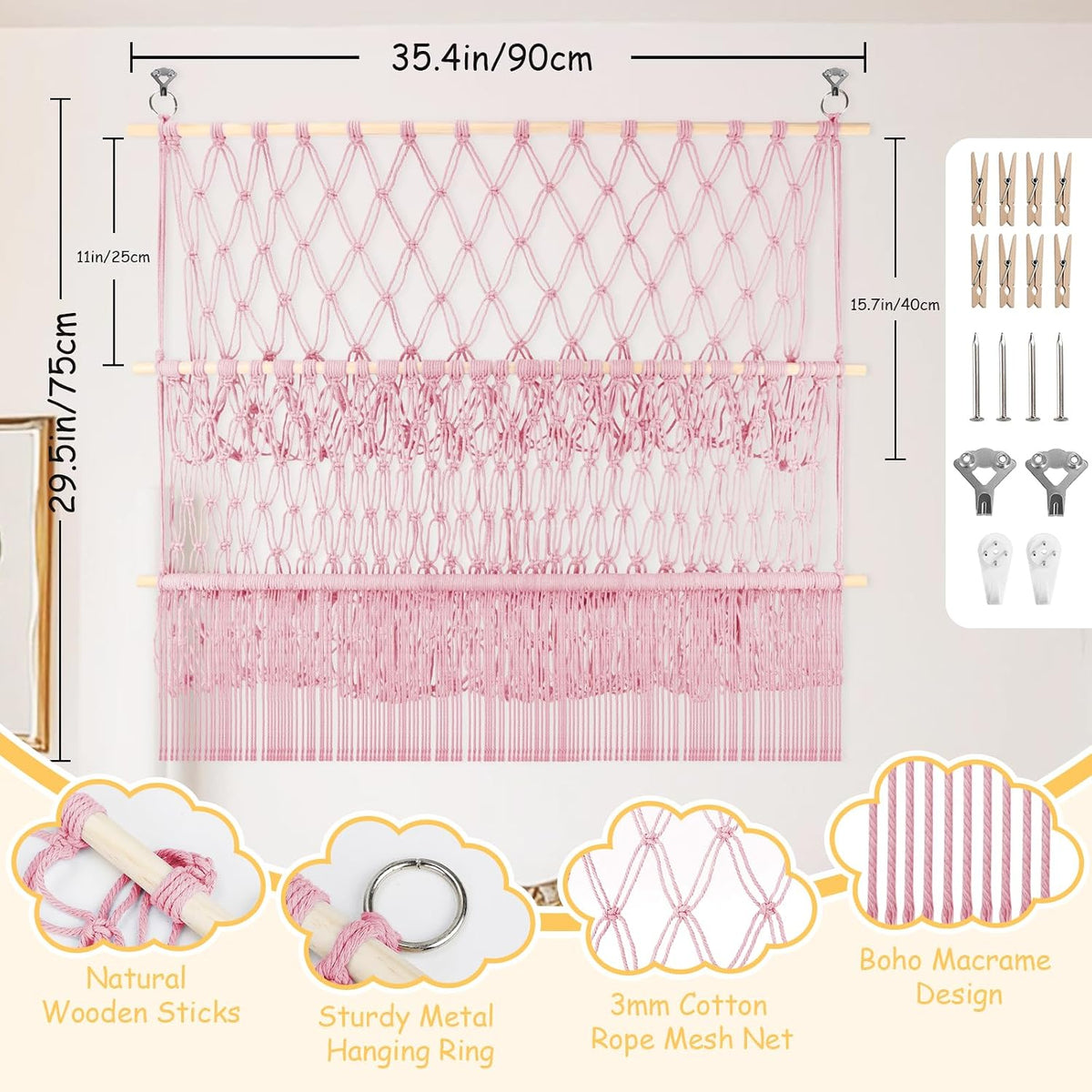 2 Tier Stuffed Animal Storage Net, Large Boho Stuffy Plushies Storage,Beige