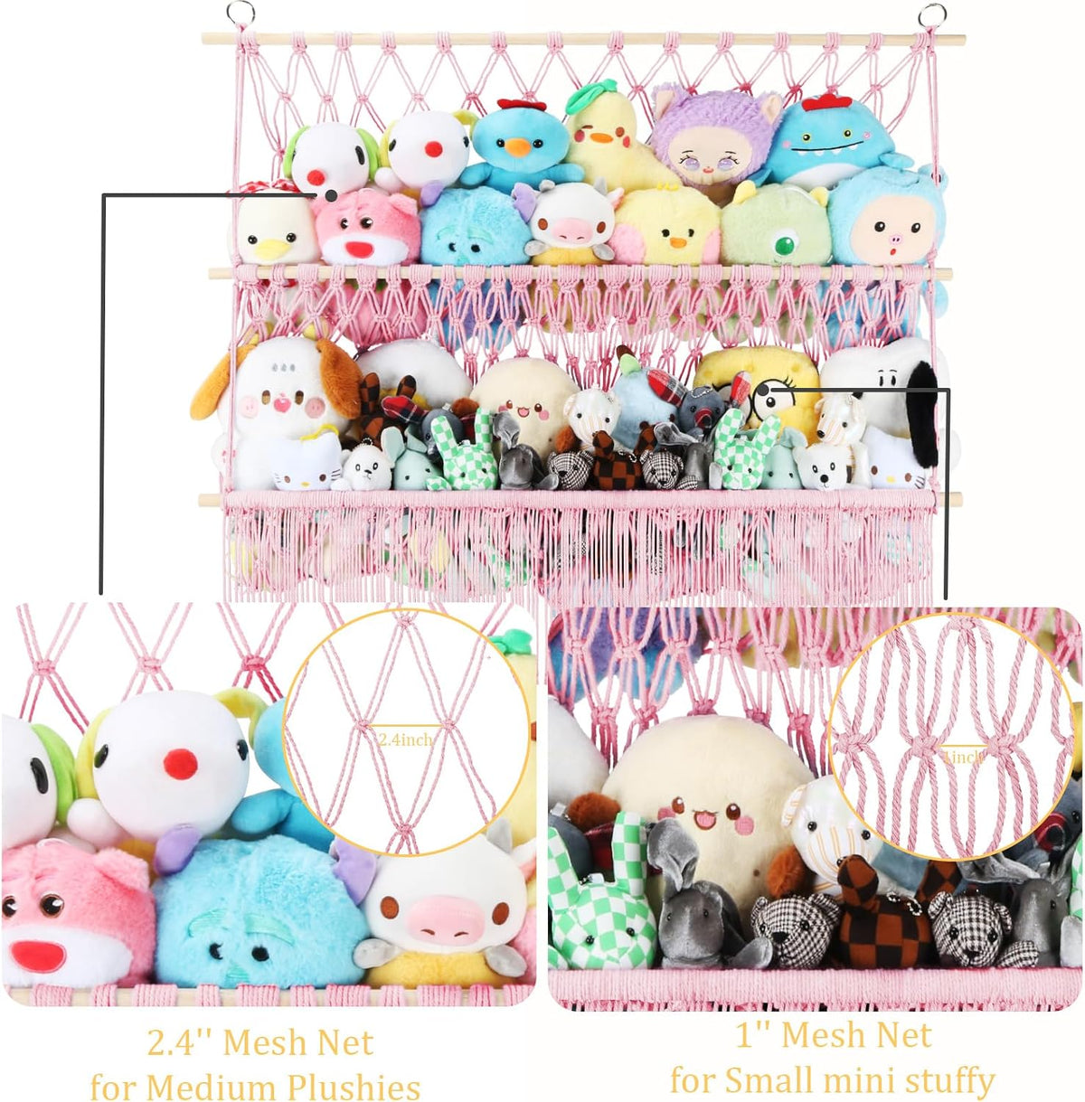 2 Tier Stuffed Animal Storage Net, Large Boho Stuffy Plushies Storage,Beige