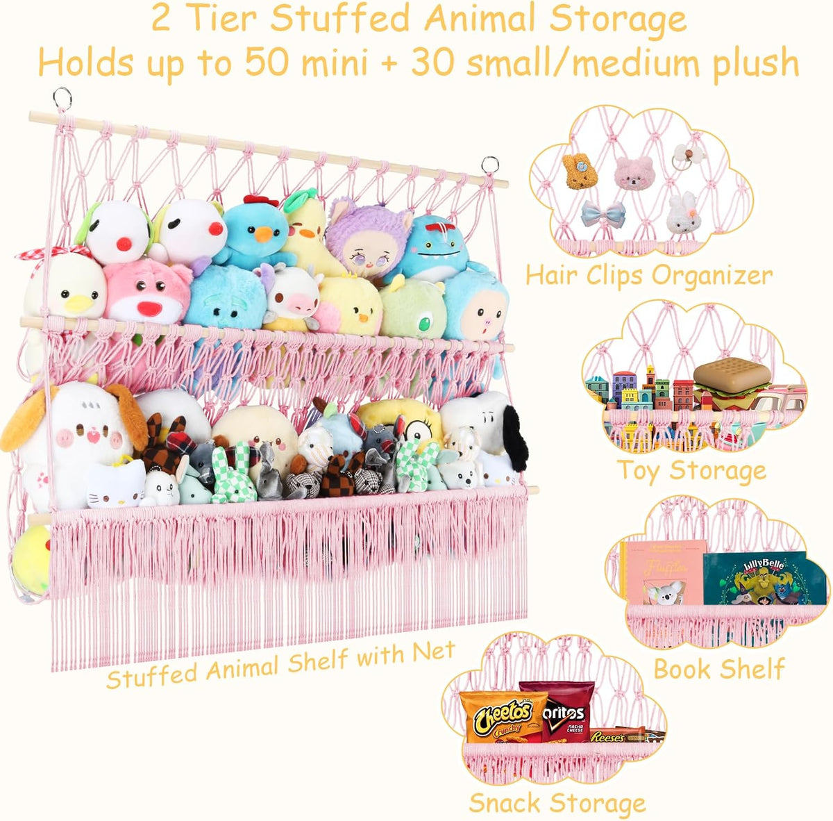2 Tier Stuffed Animal Storage Net, Large Boho Stuffy Plushies Storage,Beige