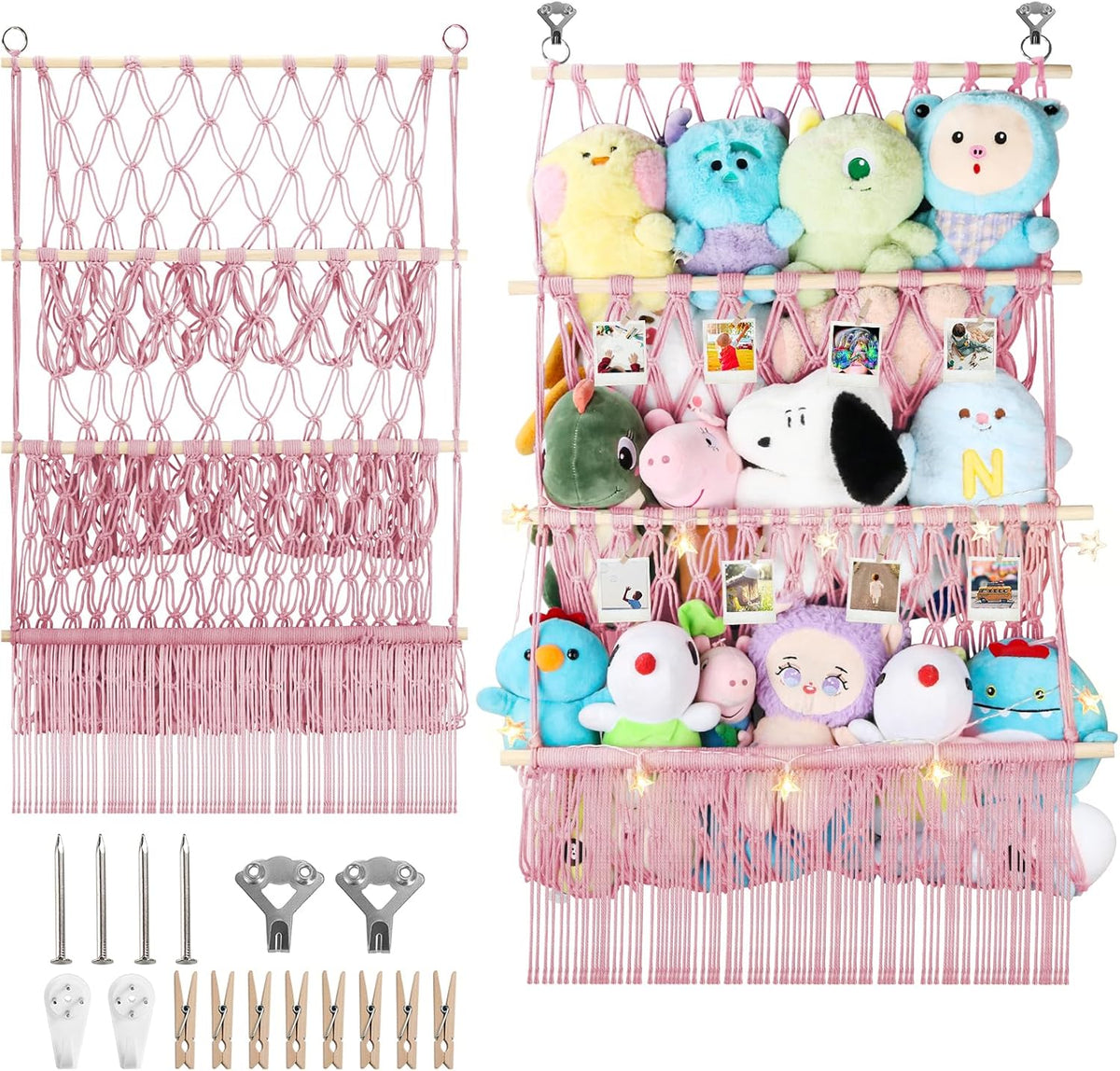2 Tier Stuffed Animal Storage Net, Large Boho Stuffy Plushies Storage,Beige