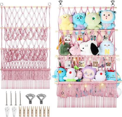 2 Tier Stuffed Animal Storage Net, Large Boho Stuffy Plushies Storage,Beige