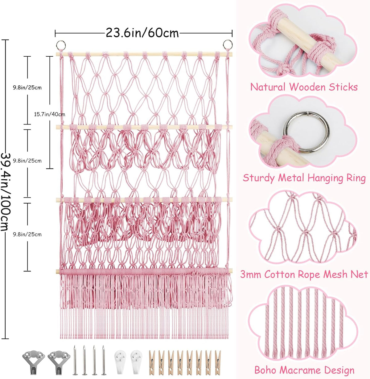 2 Tier Stuffed Animal Storage Net, Large Boho Stuffy Plushies Storage,Beige