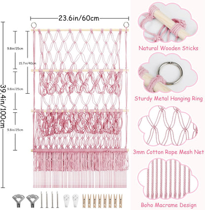 2 Tier Stuffed Animal Storage Net, Large Boho Stuffy Plushies Storage,Beige