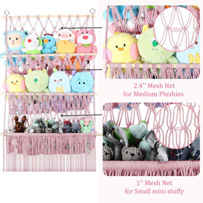 2 Tier Stuffed Animal Storage Net, Large Boho Stuffy Plushies Storage,Beige