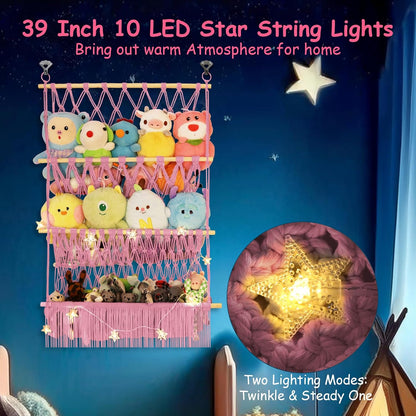 2 Tier Stuffed Animal Storage Net, Large Boho Stuffy Plushies Storage,Beige