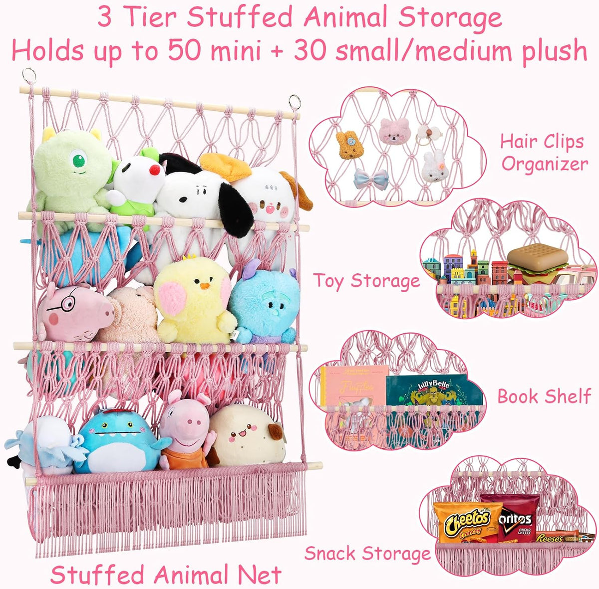 2 Tier Stuffed Animal Storage Net, Large Boho Stuffy Plushies Storage,Beige