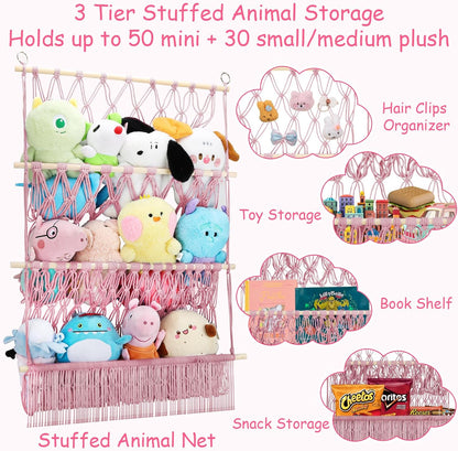 2 Tier Stuffed Animal Storage Net, Large Boho Stuffy Plushies Storage,Beige