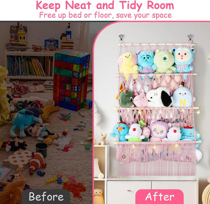 2 Tier Stuffed Animal Storage Net, Large Boho Stuffy Plushies Storage,Beige