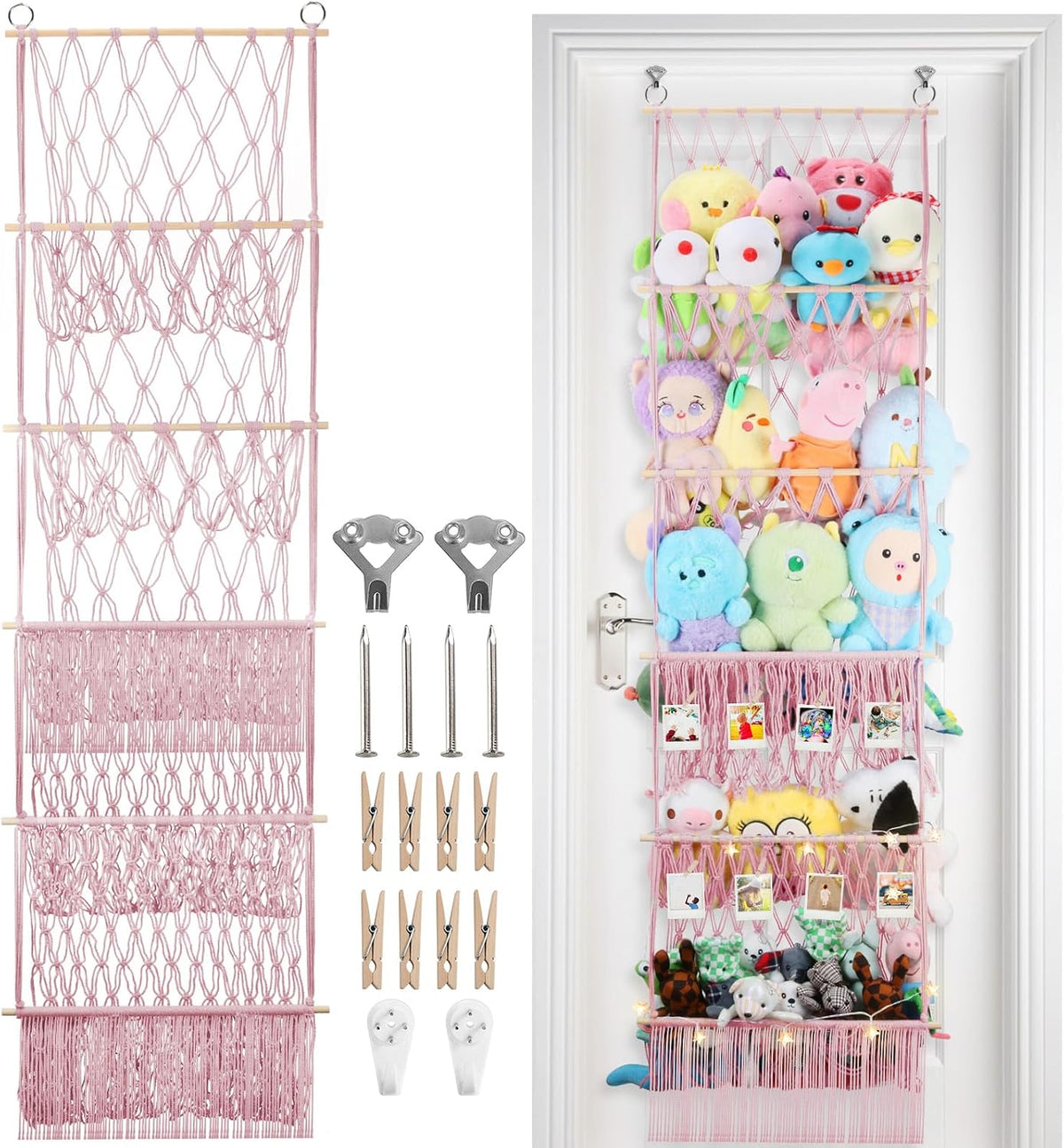 2 Tier Stuffed Animal Storage Net, Large Boho Stuffy Plushies Storage,Beige