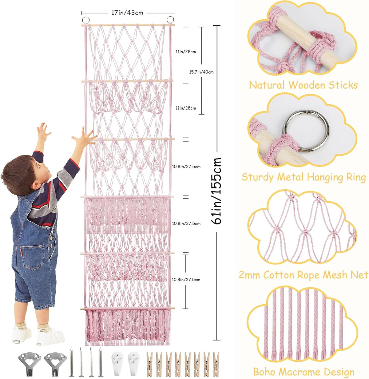 2 Tier Stuffed Animal Storage Net, Large Boho Stuffy Plushies Storage,Beige