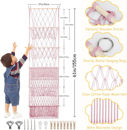 2 Tier Stuffed Animal Storage Net, Large Boho Stuffy Plushies Storage,Beige