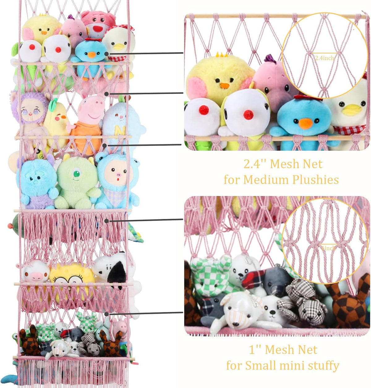 2 Tier Stuffed Animal Storage Net, Large Boho Stuffy Plushies Storage,Beige