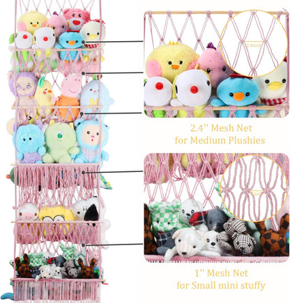 2 Tier Stuffed Animal Storage Net, Large Boho Stuffy Plushies Storage,Beige