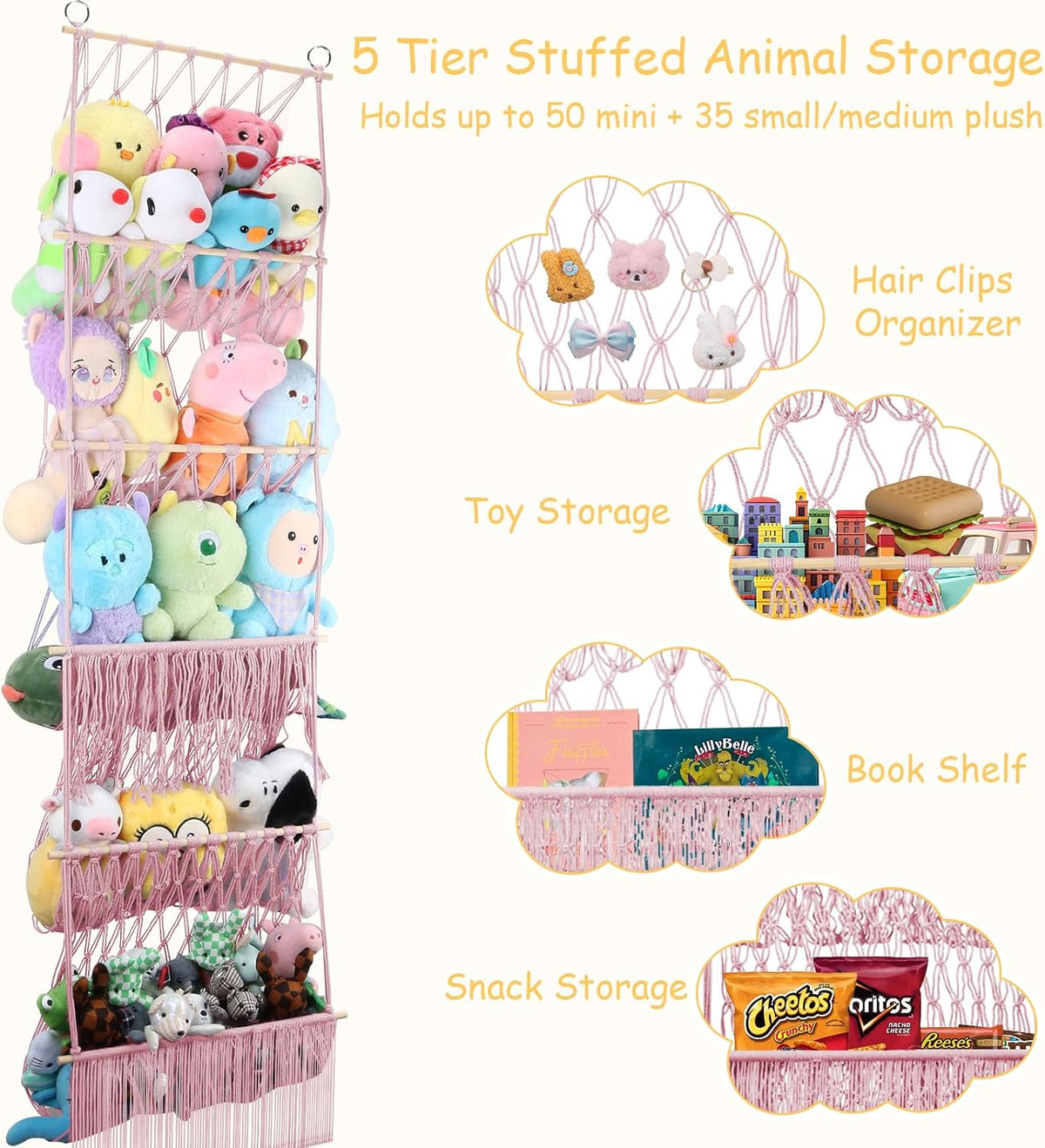 2 Tier Stuffed Animal Storage Net, Large Boho Stuffy Plushies Storage,Beige