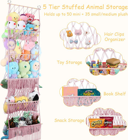2 Tier Stuffed Animal Storage Net, Large Boho Stuffy Plushies Storage,Beige