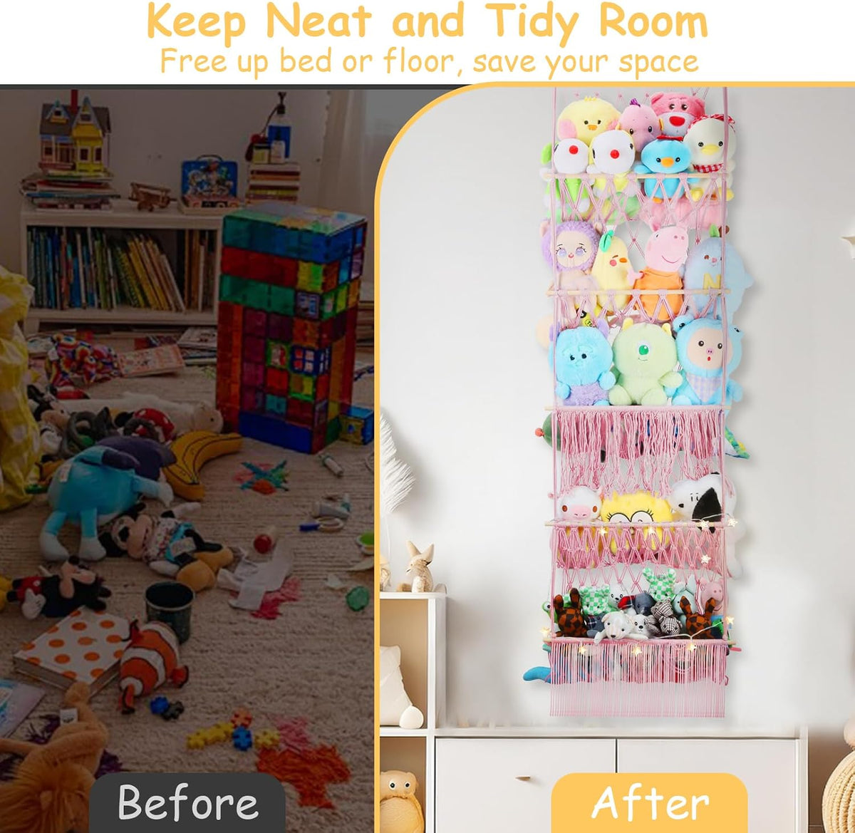 2 Tier Stuffed Animal Storage Net, Large Boho Stuffy Plushies Storage,Beige