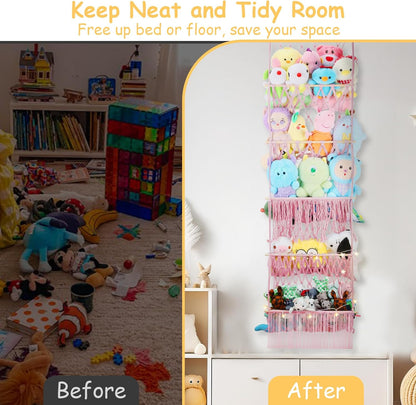 2 Tier Stuffed Animal Storage Net, Large Boho Stuffy Plushies Storage,Beige