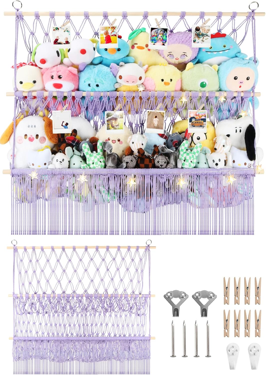 2 Tier Stuffed Animal Storage Net, Large Boho Stuffy Plushies Storage,Beige