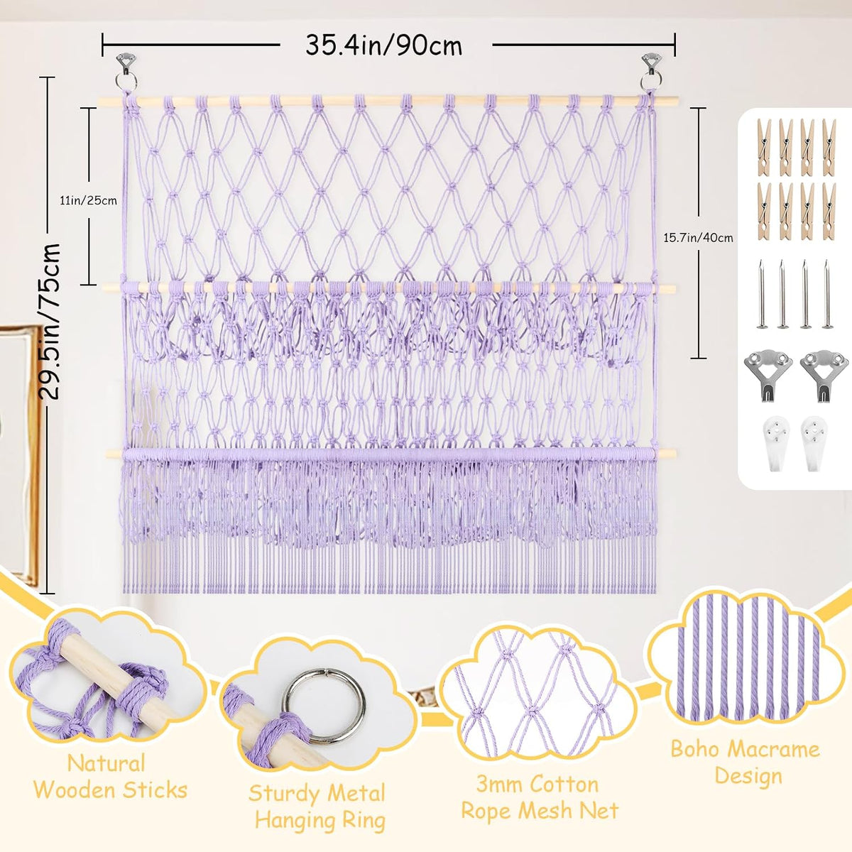 2 Tier Stuffed Animal Storage Net, Large Boho Stuffy Plushies Storage,Beige