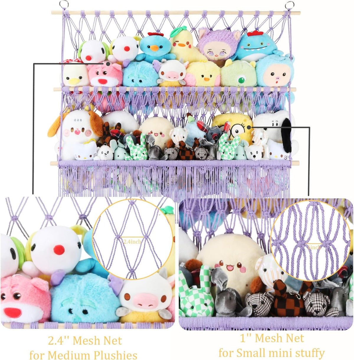 2 Tier Stuffed Animal Storage Net, Large Boho Stuffy Plushies Storage,Beige